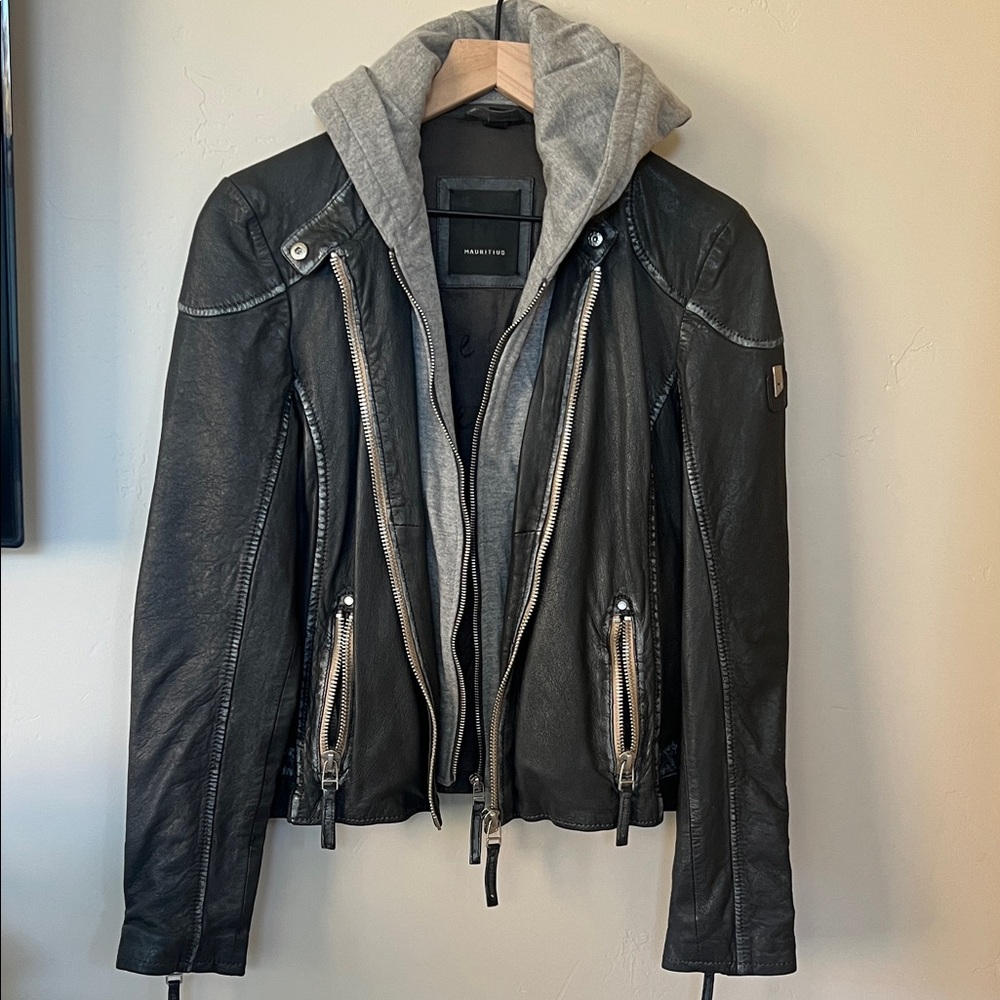 Mauritius Stylish Black Leather Jacket with Gray Hoodie